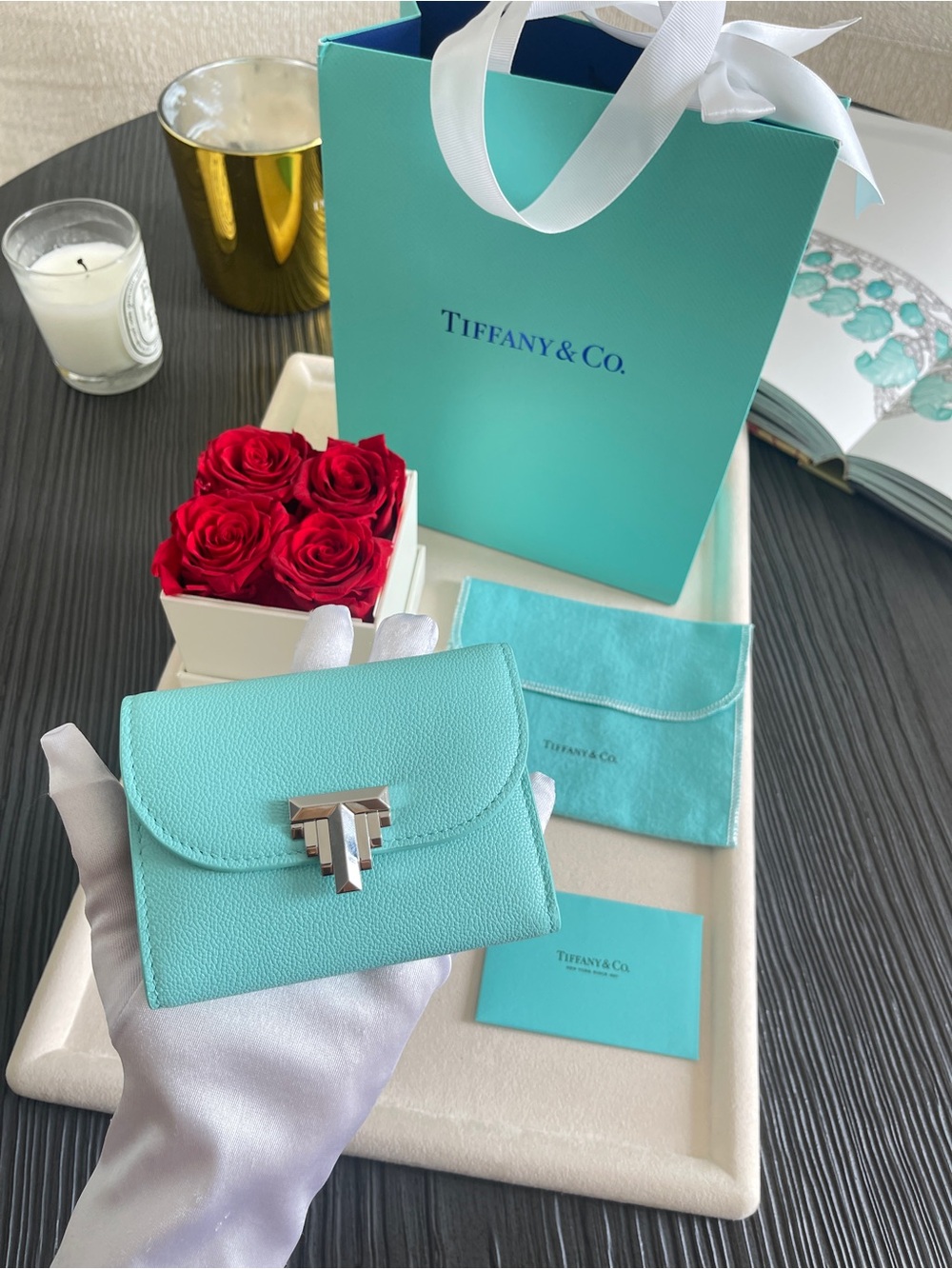 Tiffany & Co Blue Leather Trifold Wallet Silver Snap Italy NEW